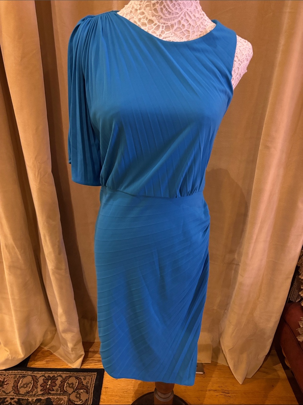 Halston Heritage Teal One-Shoulder Pleated Sheath Dress